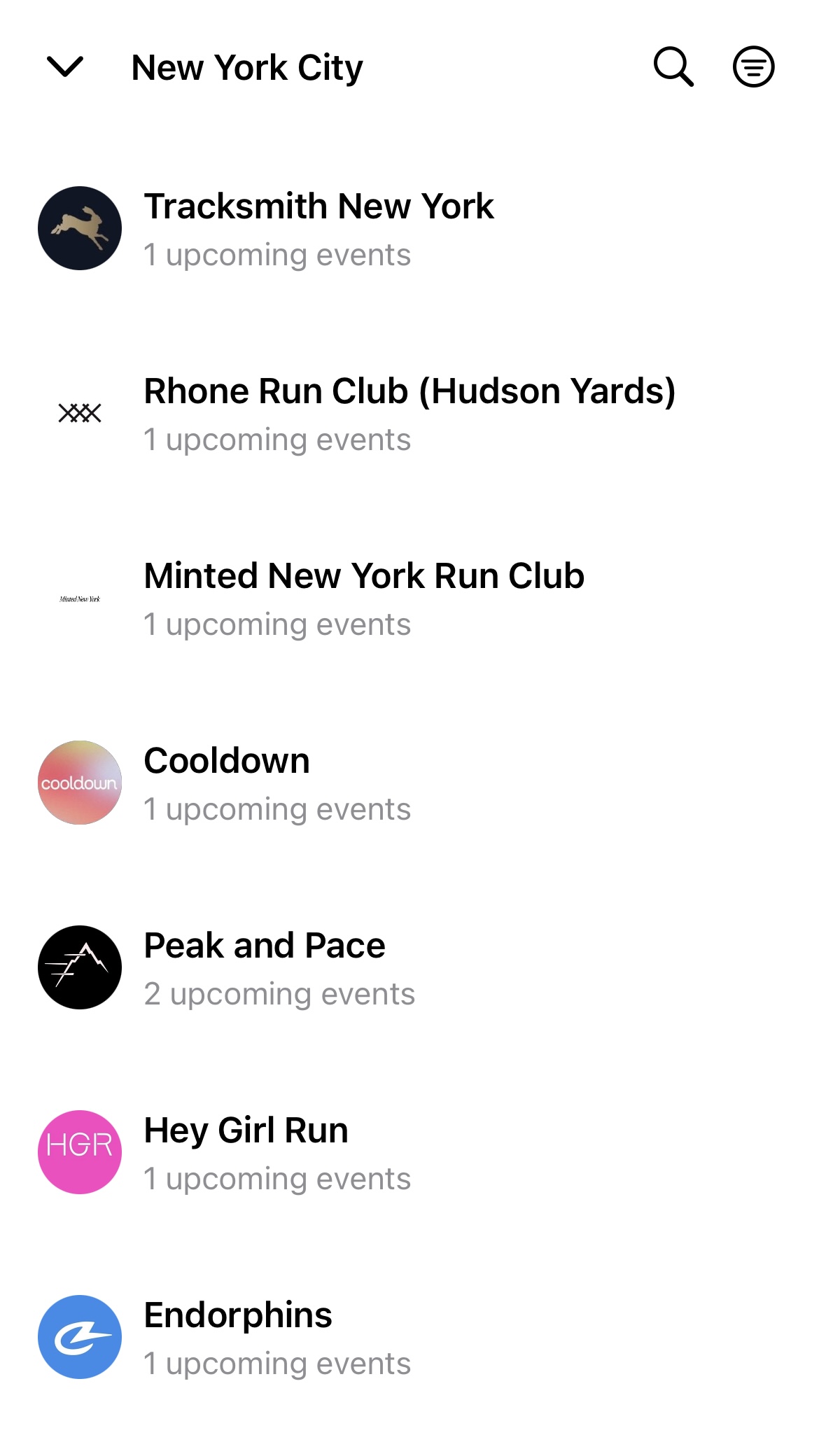 Runmates app showing run clubs in New York City